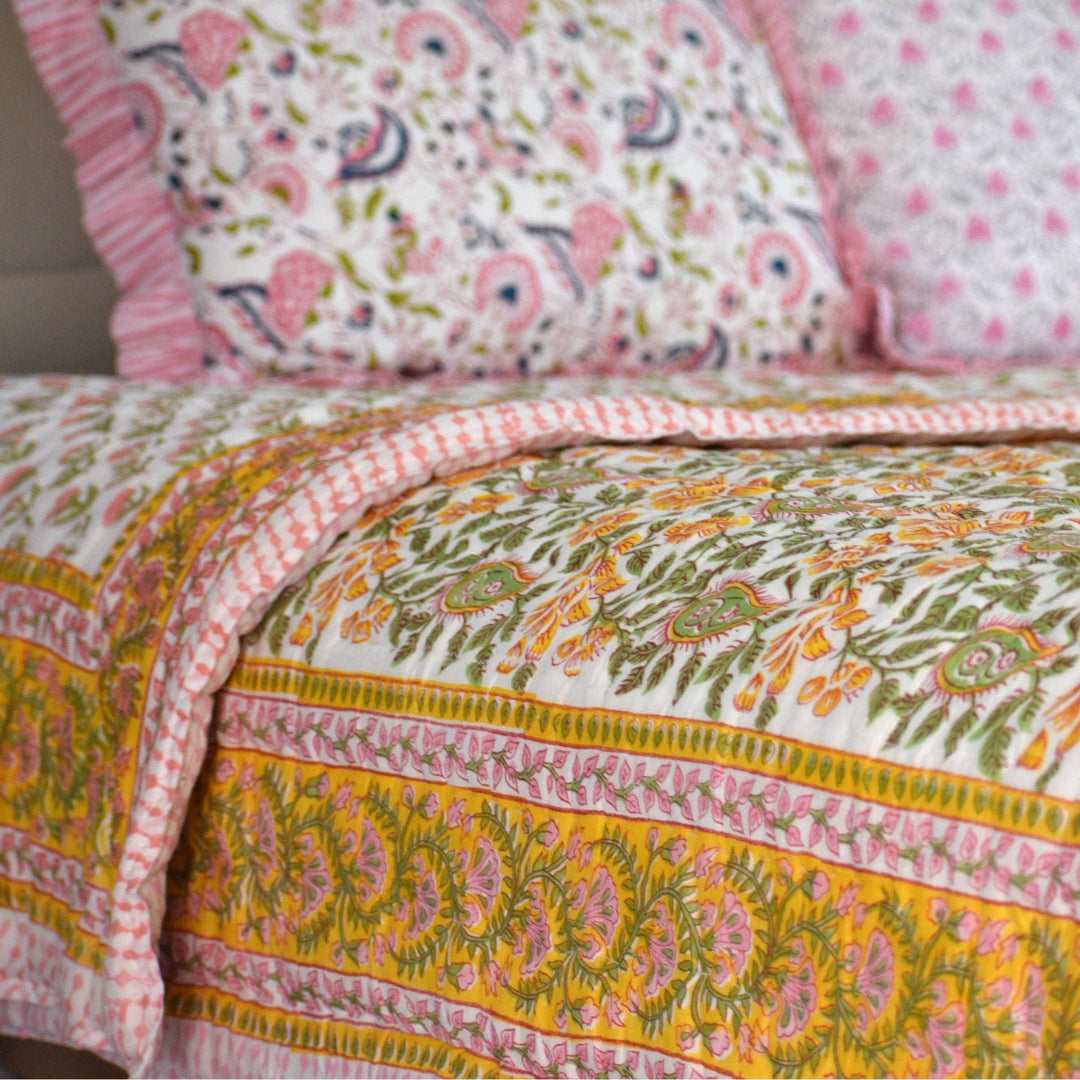 Hand block printed quilts, muslin cotton quilts, handmade quilts, artisan quilts, all-season quilts, ethically made bedding