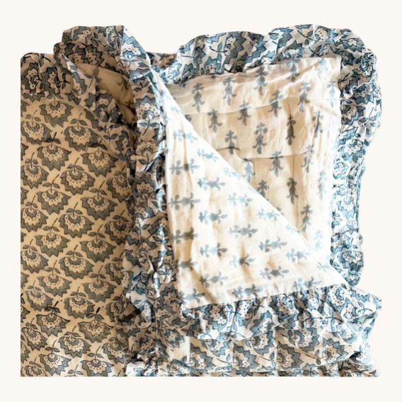 Handblock printed quilted throw blanket featuring reversible side of the throw