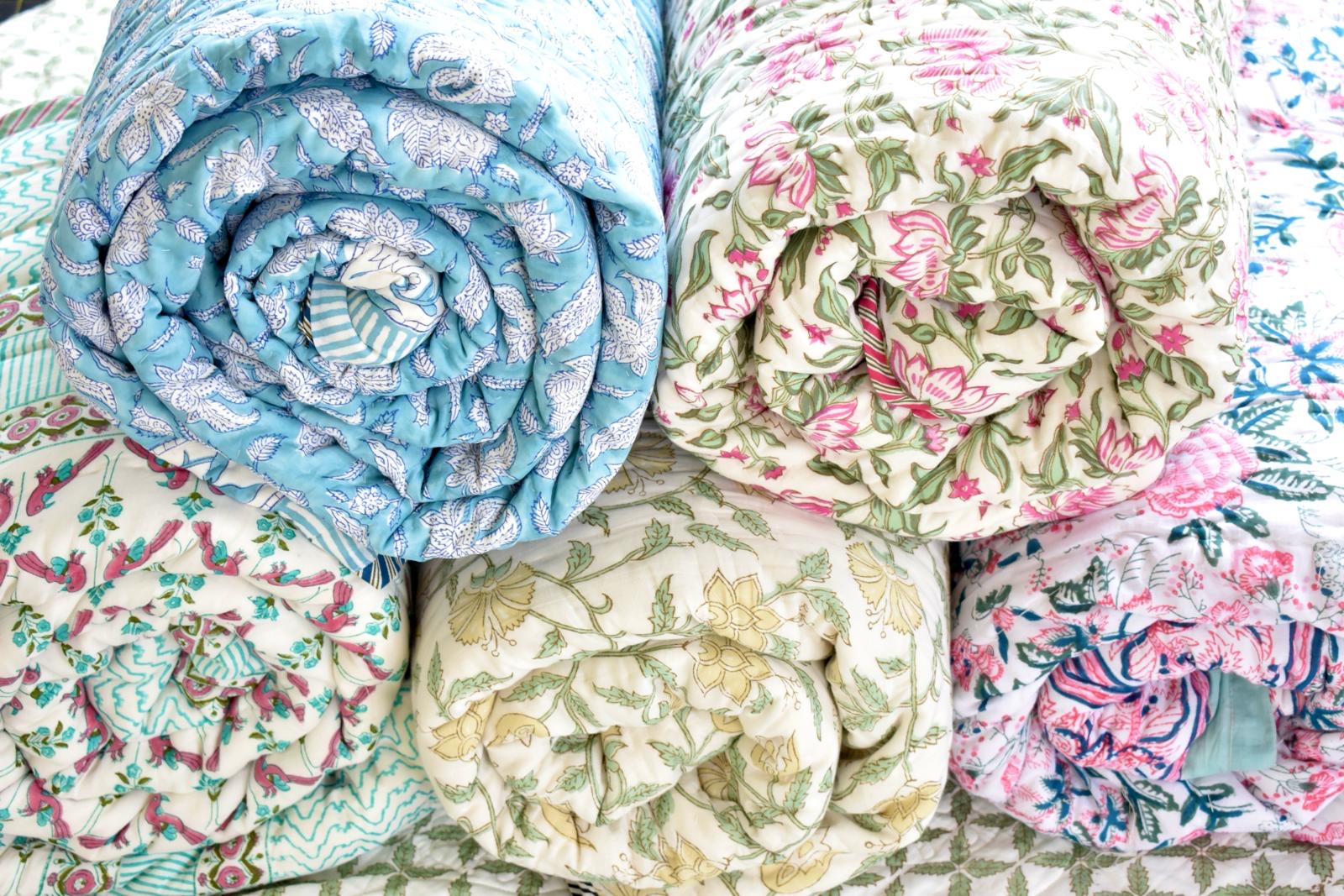 Hand block printed quilts, muslin cotton quilts, handmade quilts, artisan quilts, all-season quilts, ethically made bedding