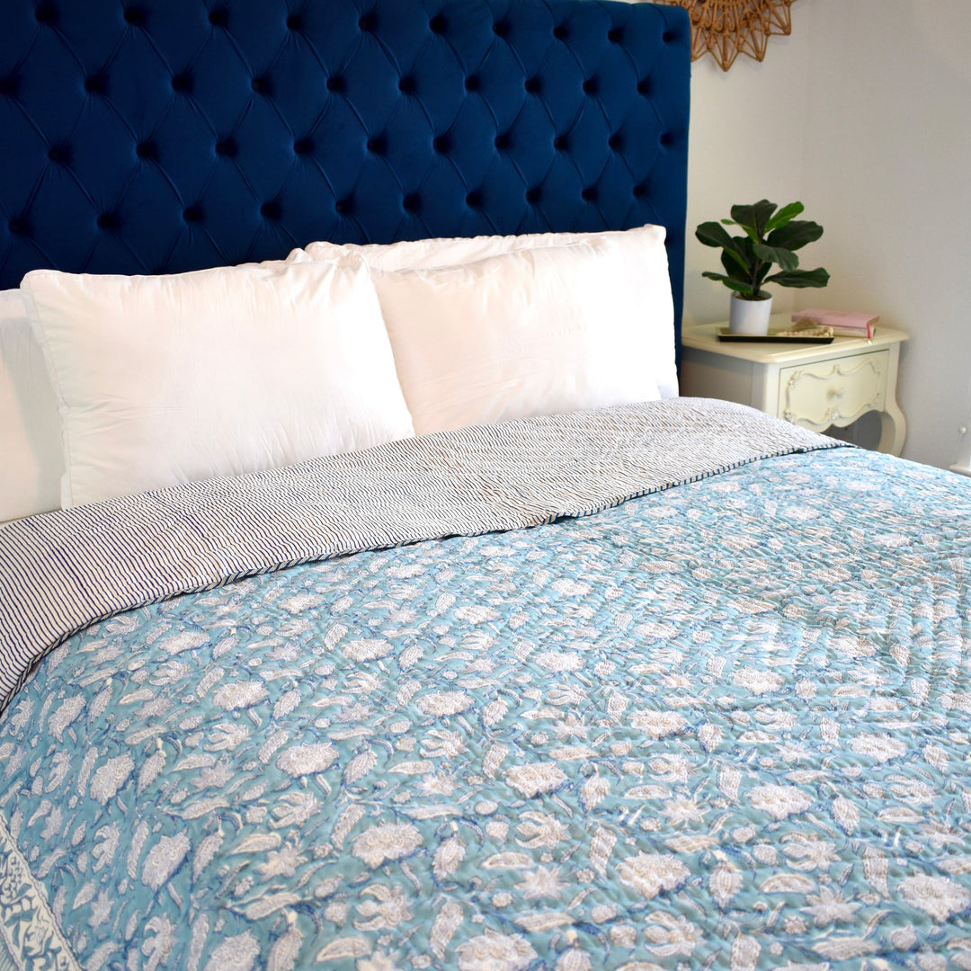 Hand block printed muslin cotton quilt, reversible design, blue and white, all-season comfort