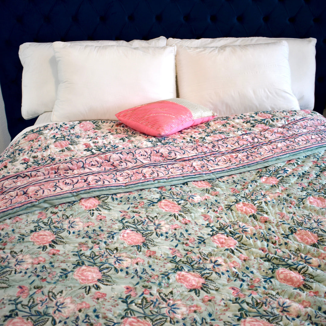 Hand block printed muslin cotton quilt, reversible design, green and pink, all-season comfort