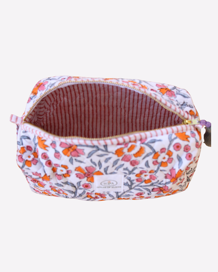 Quilted Cotton Cosmetic / Travel Pouch - Coral Wildflower