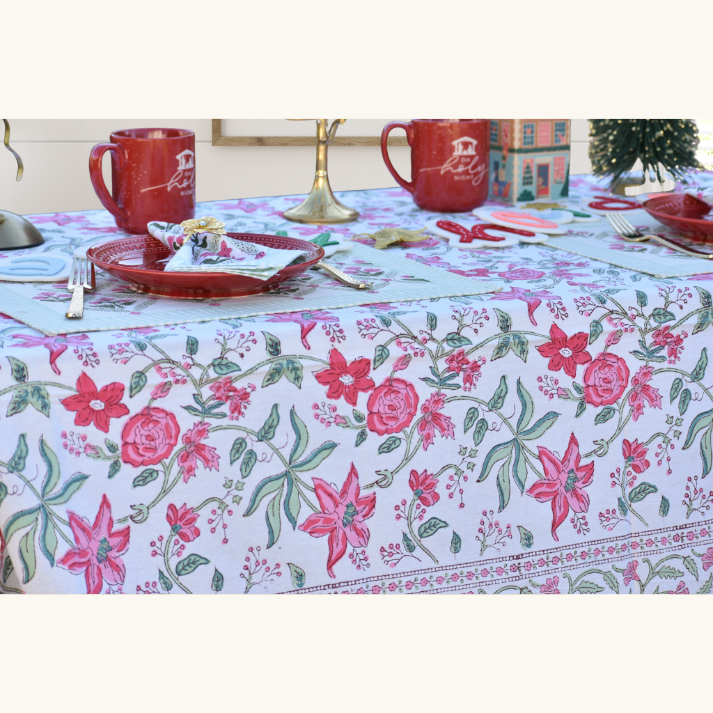 Mistletoe Rose - Handblock Print Cotton Tablecloth