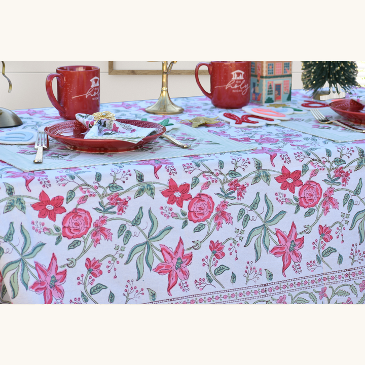 Mistletoe Rose - Handblock Print Cotton Tablecloth
