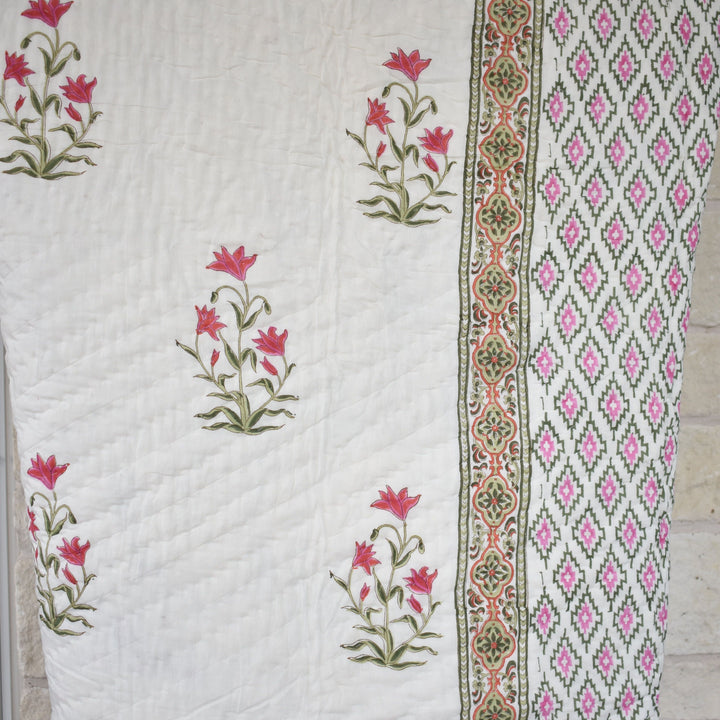 Hand block printed muslin cotton quilt, reversible design, white and pink, all-season comfort