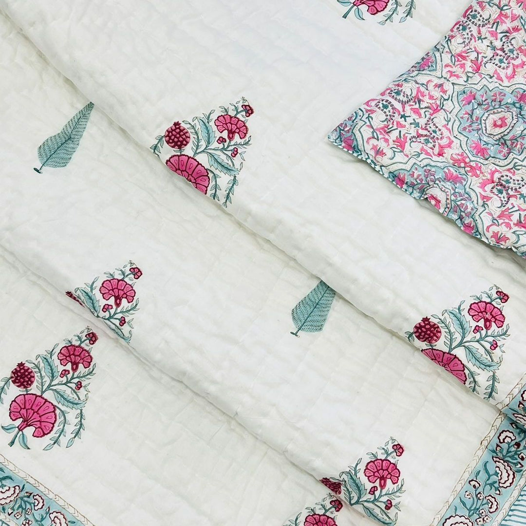 Hand block printed muslin cotton quilt, reversible design, white and pink, all-season comfort