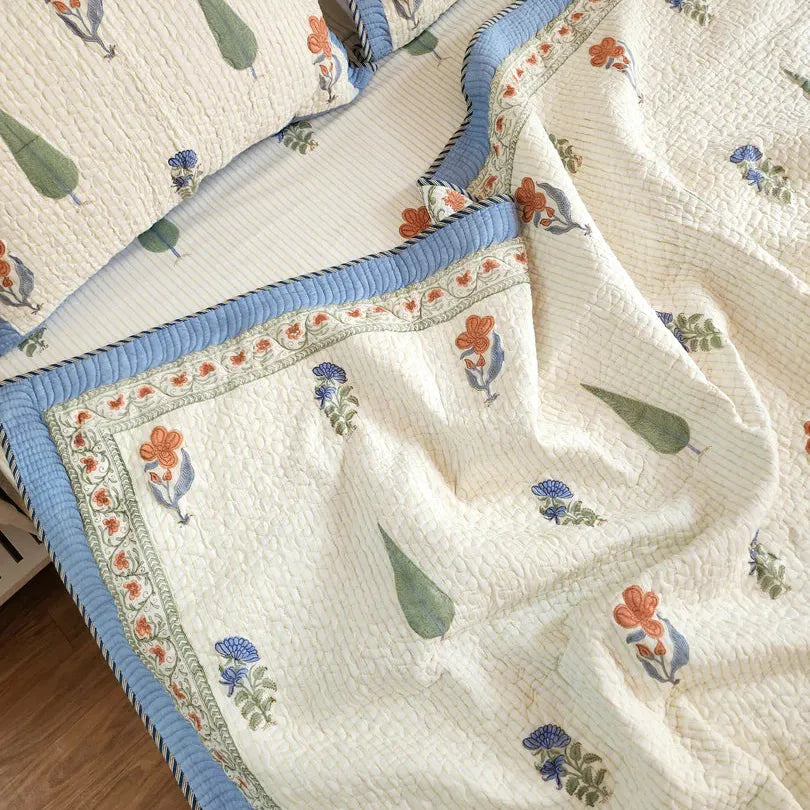 Hand block printed cotton bedspread, reversible design, white, all-season comfort