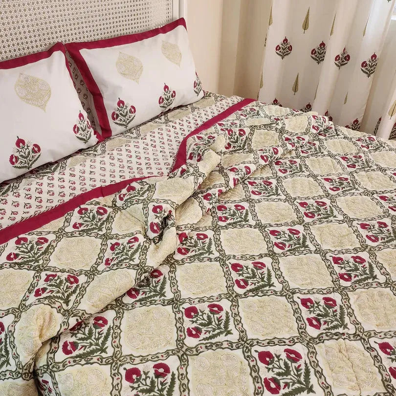 Hand block printed muslin cotton quilt, reversible design, beige, all-season comfort