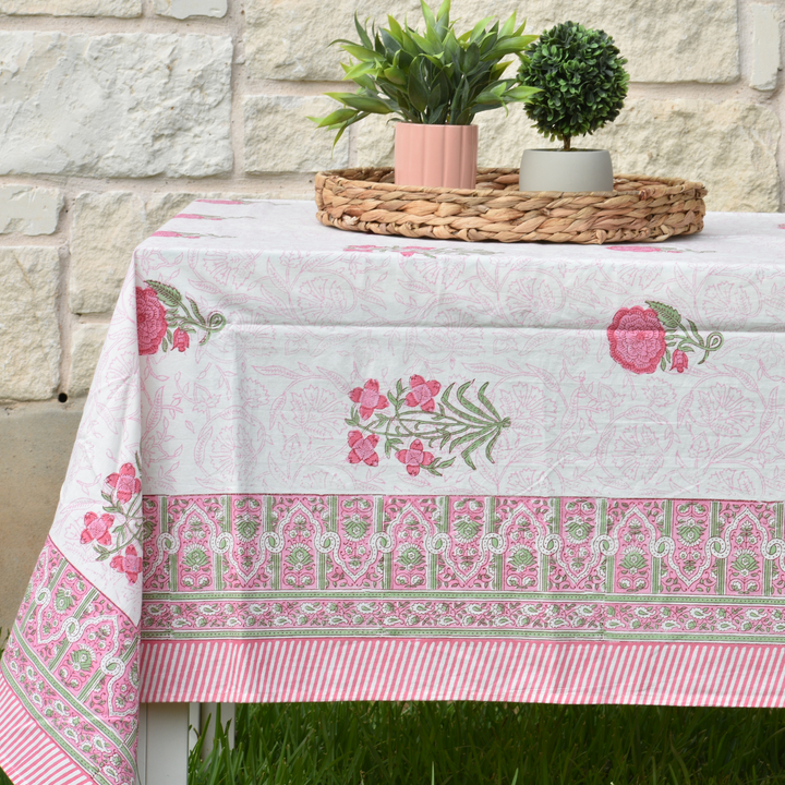 Pink Rose - Handblock Print Cotton Tablecloth