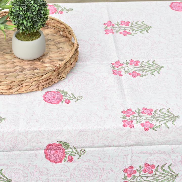 Pink Rose - Handblock Print Cotton Tablecloth