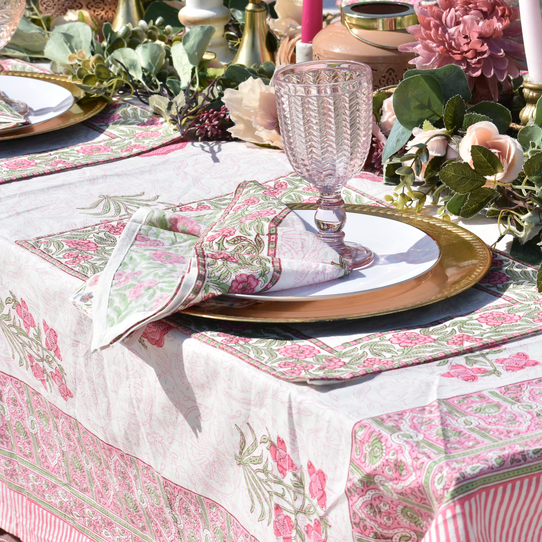 Pink Rose - Handblock Print Cotton Tablecloth