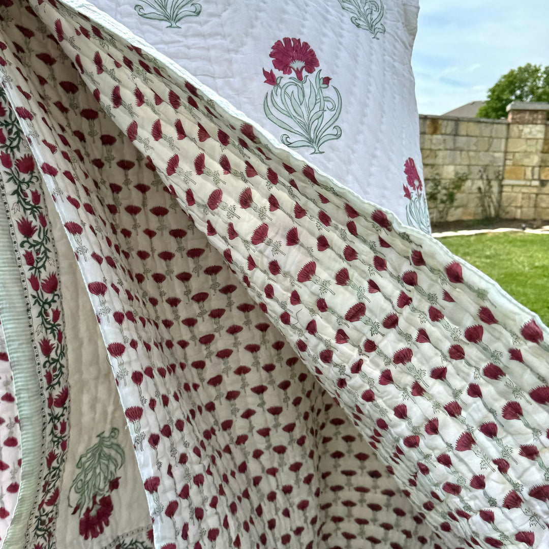 Hand block printed muslin cotton quilt, reversible design, red and white, all-season comfort