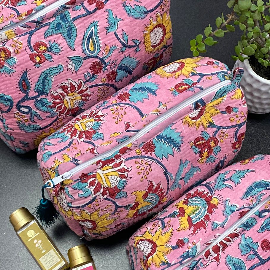 Bohemian travel pouches, hand block printed, spacious and multi-purpose, ethically made