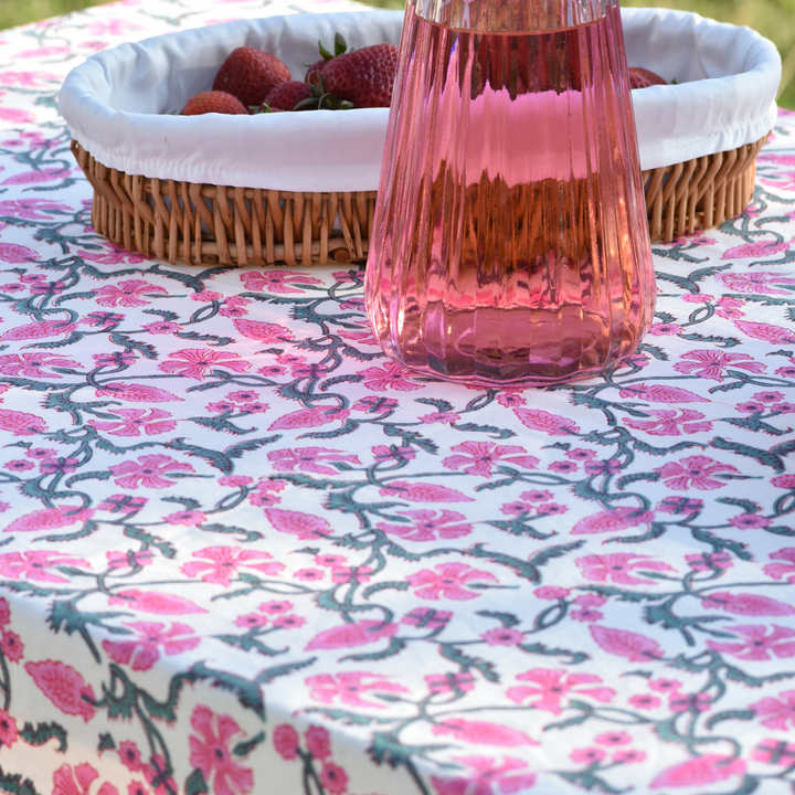Pink Trail - Handblock Print Cotton Tablecloth