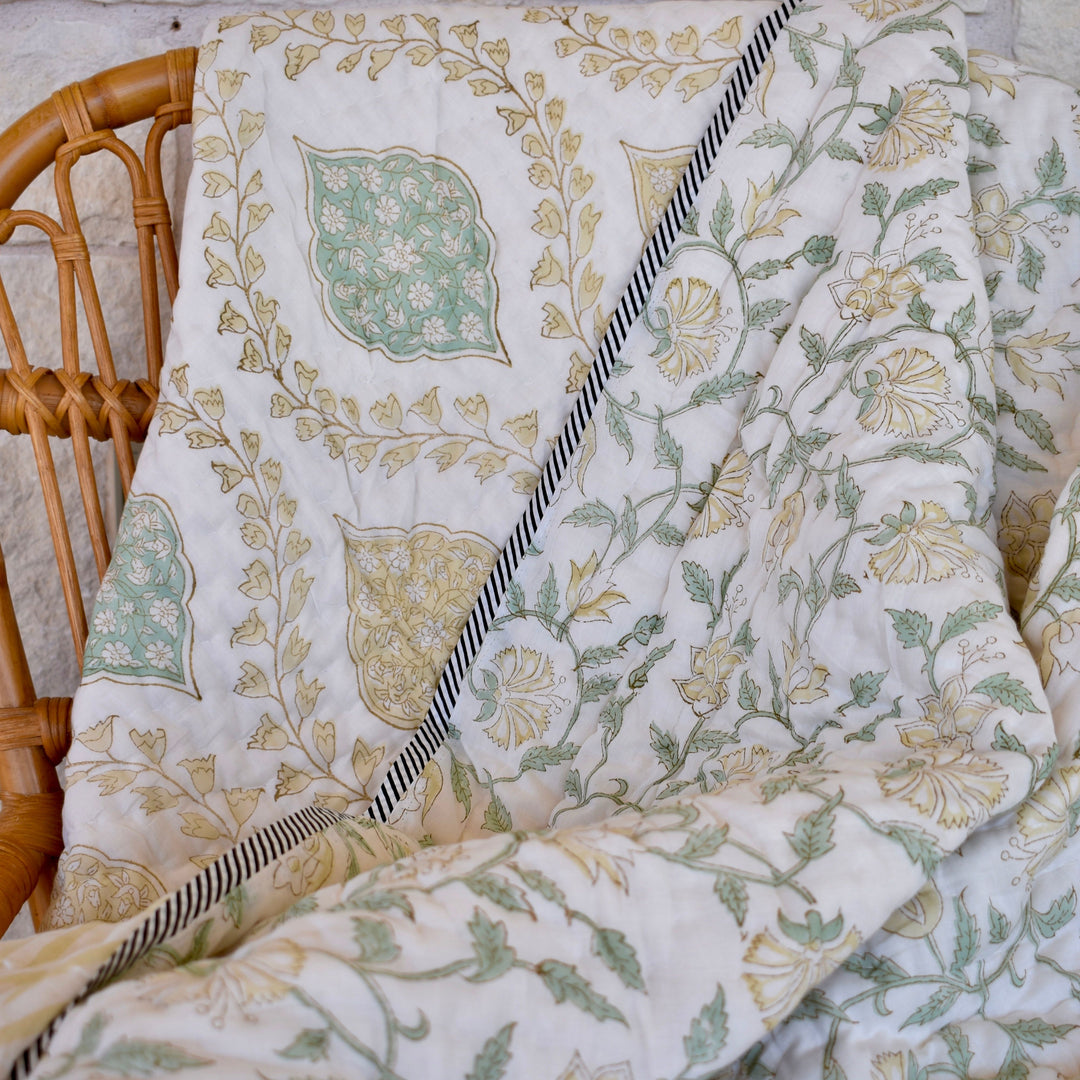 Hand block printed muslin cotton quilt, reversible design, yellow and white, all-season comfort