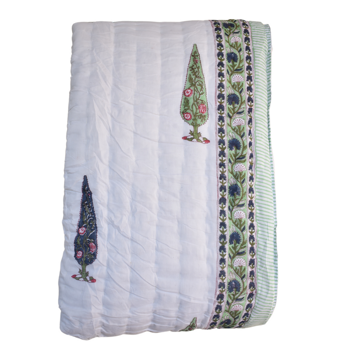 All-Season Cotton Reversible Quilt - Hand Block Print, White