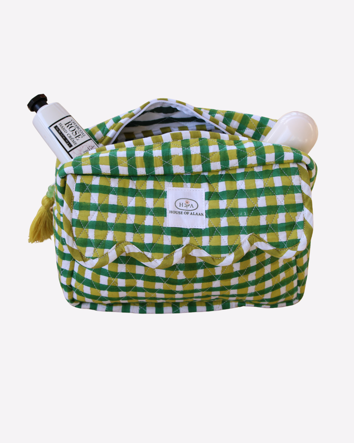 Quilted Cotton Cosmetic / Travel Pouch - Green Checkered