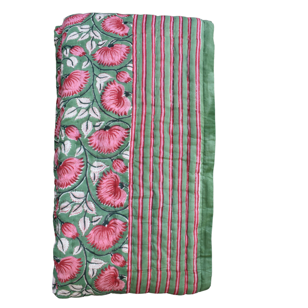 All-Season Cotton Reversible Quilt - Hand Block Print, Green