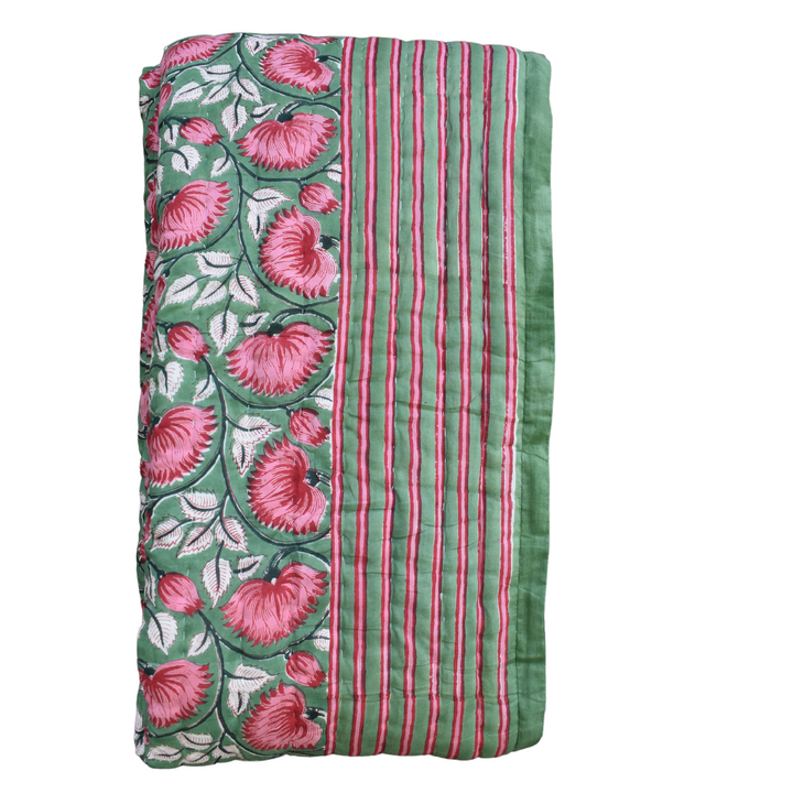 All-Season Cotton Reversible Quilt - Hand Block Print, Green