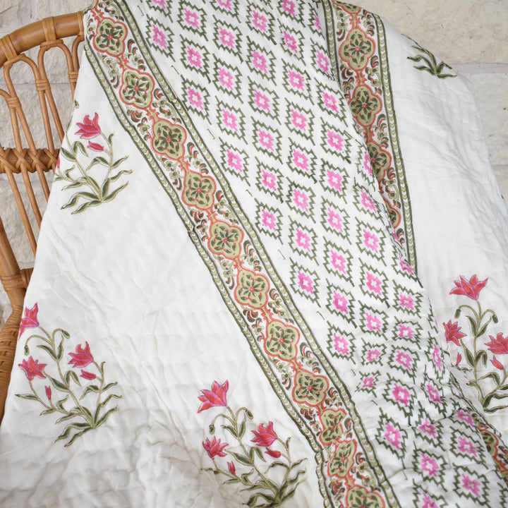 Hand block printed muslin cotton quilt, reversible design, white and pink, all-season comfort