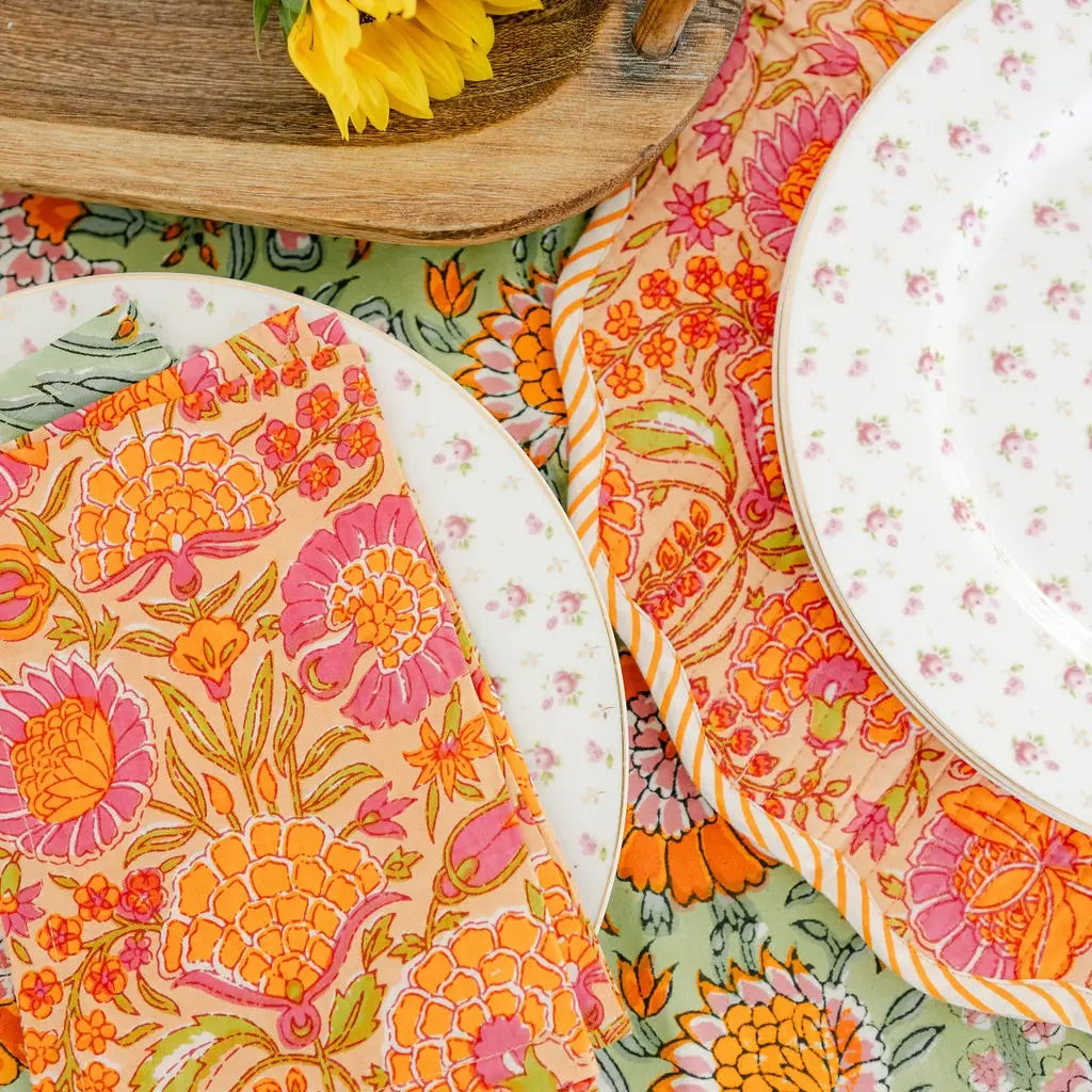 Marigold Orange - Handblock Print Cotton Tablecloth