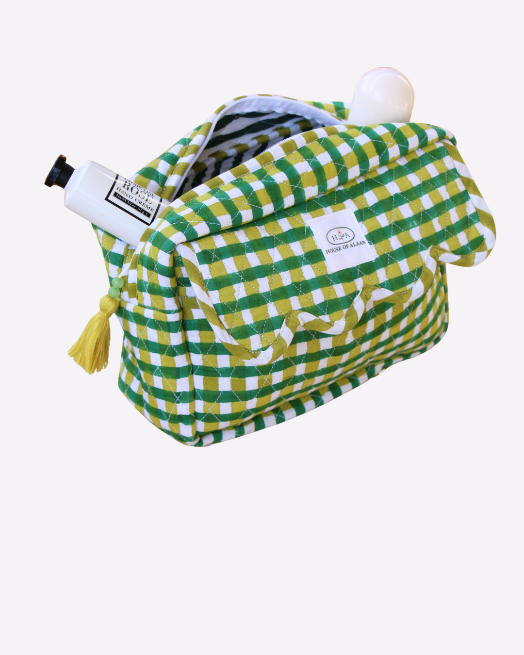 Quilted Cotton Cosmetic / Travel Pouch - Green Checkered