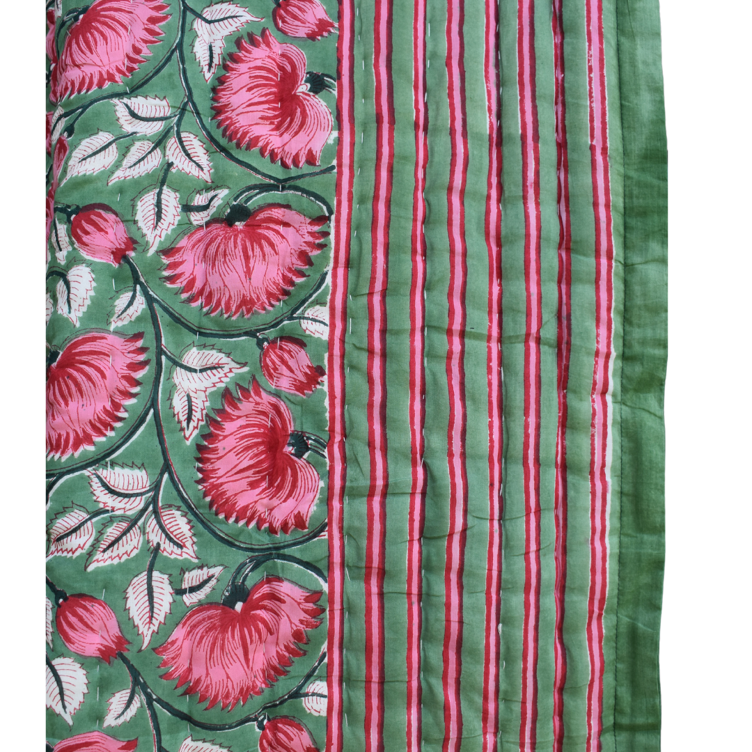 All-Season Cotton Reversible Quilt - Hand Block Print, Green