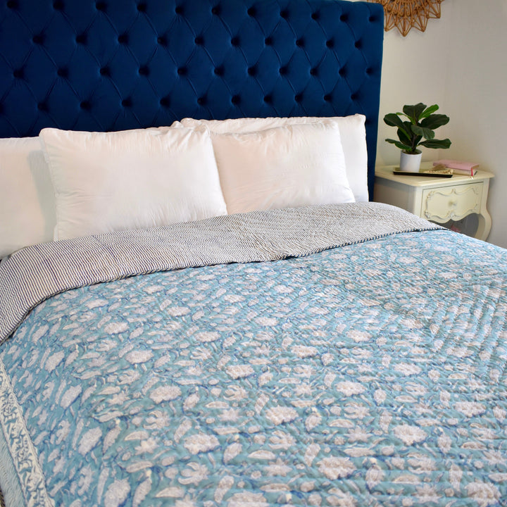 Hand block printed muslin cotton quilt, reversible design, blue and white, all-season comfort