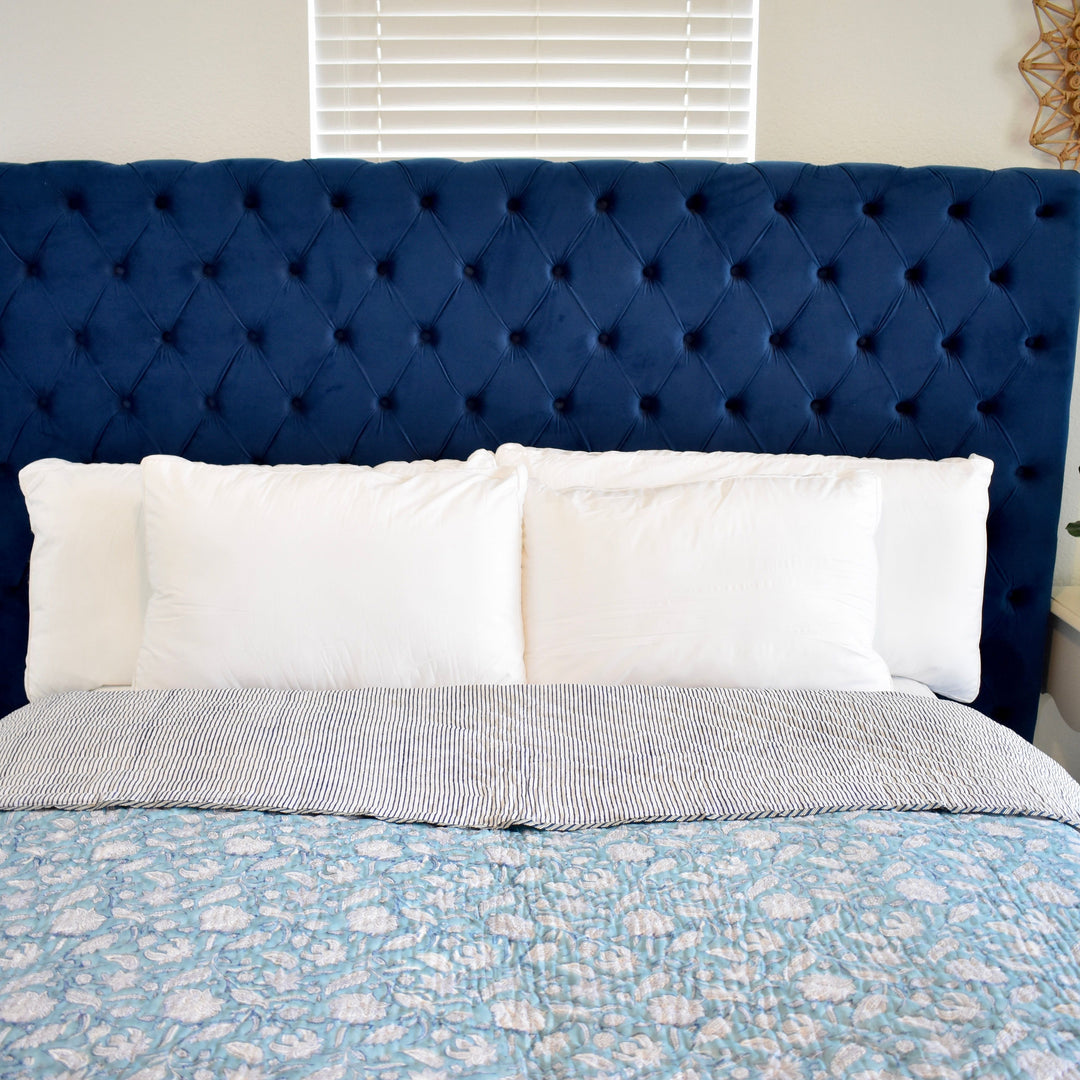 Hand block printed muslin cotton quilt, reversible design, blue and white, all-season comfort