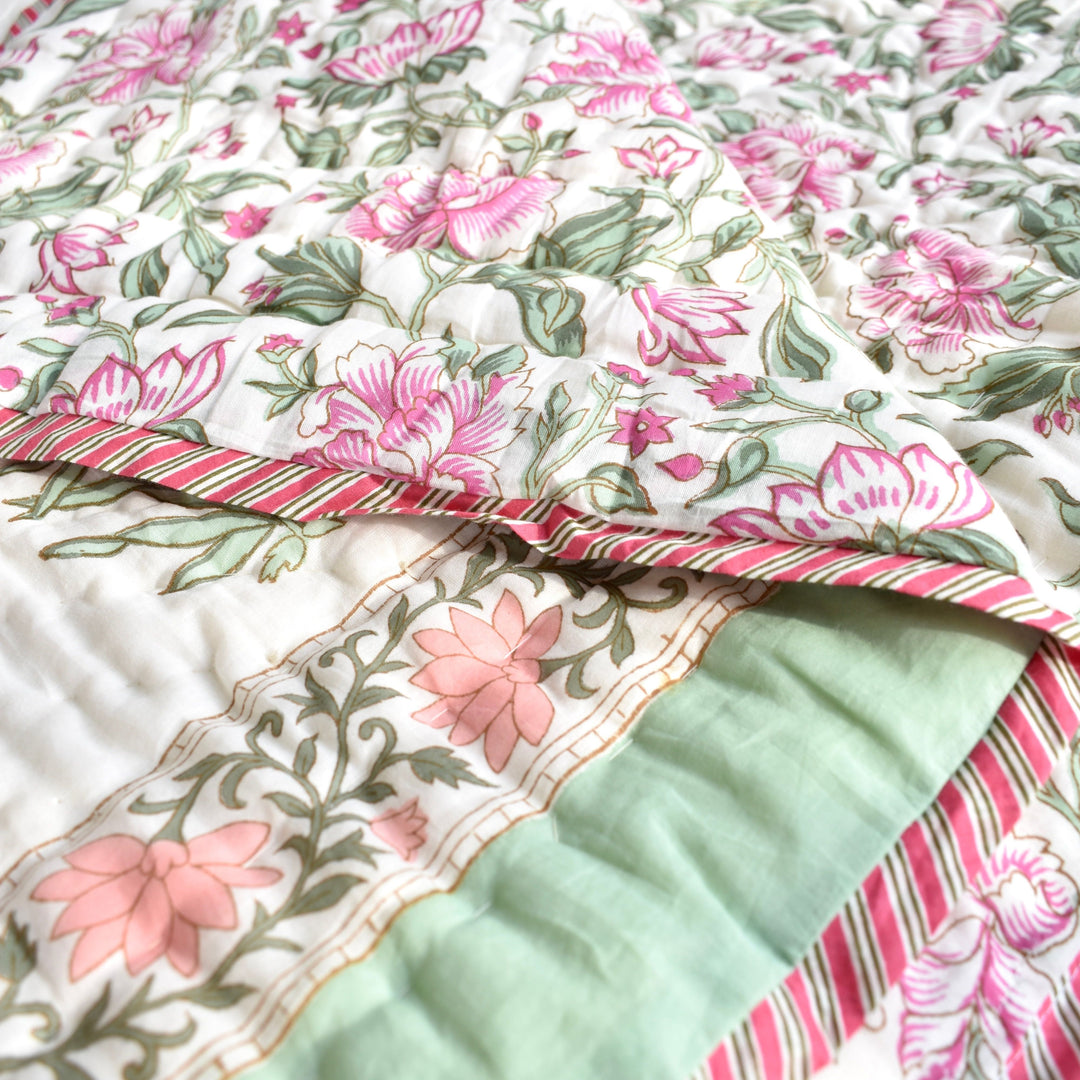 Hand block printed muslin cotton quilt, reversible design, white and pink, all-season comfort