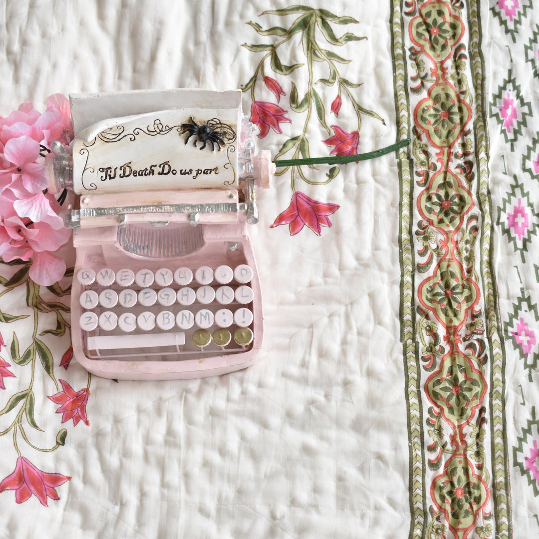 Hand block printed muslin cotton quilt, reversible design, white and pink, all-season comfort