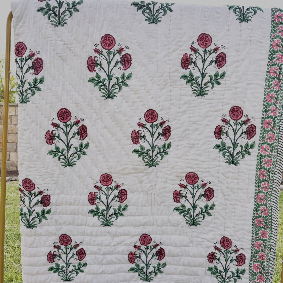 All-Season Cotton Reversible Quilt - Hand Block Print, White & Red