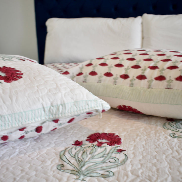 Hand block printed cotton bedspread, reversible design, white, all-season comfort