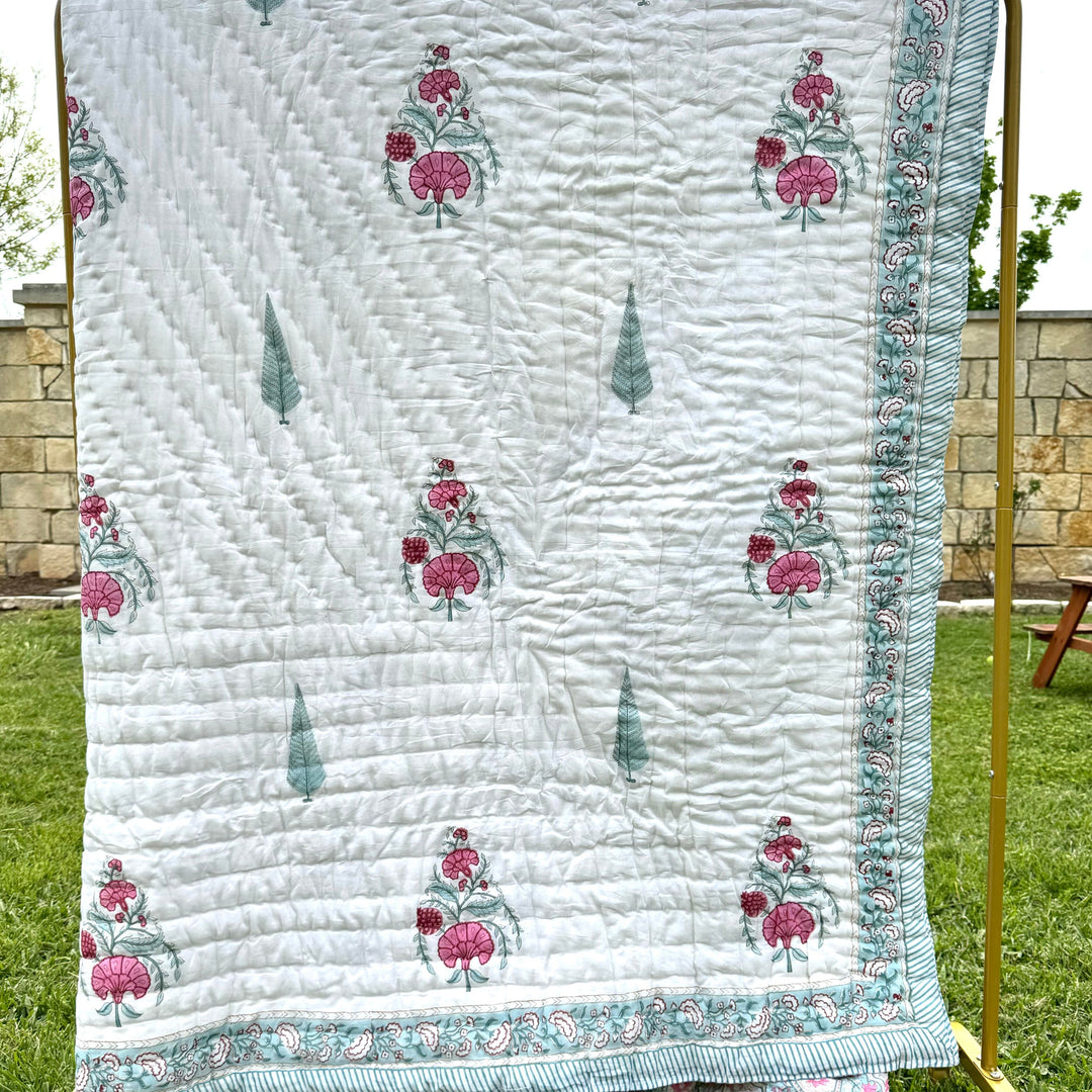 Hand block printed muslin cotton quilt, reversible design, white and pink, all-season comfort