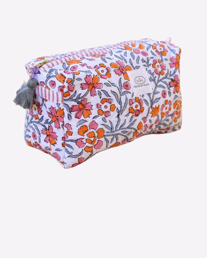 Quilted Cotton Cosmetic / Travel Pouch - Coral Wildflower