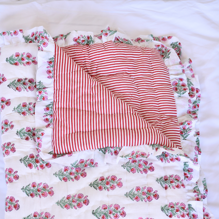 Cherry Stripe Ruffle Throw – Block Printed, Reversible Muslin