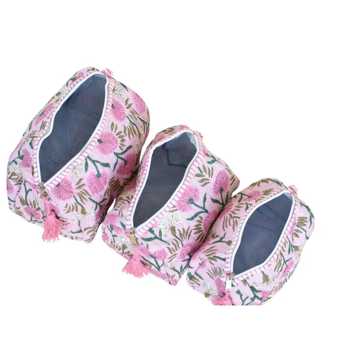 Quilted Cotton Vanity / Travel Pouch - Pink Floral (Set of 3)