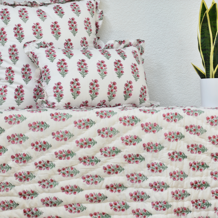 Cherry Stripe Ruffle Throw – Block Printed, Reversible Muslin