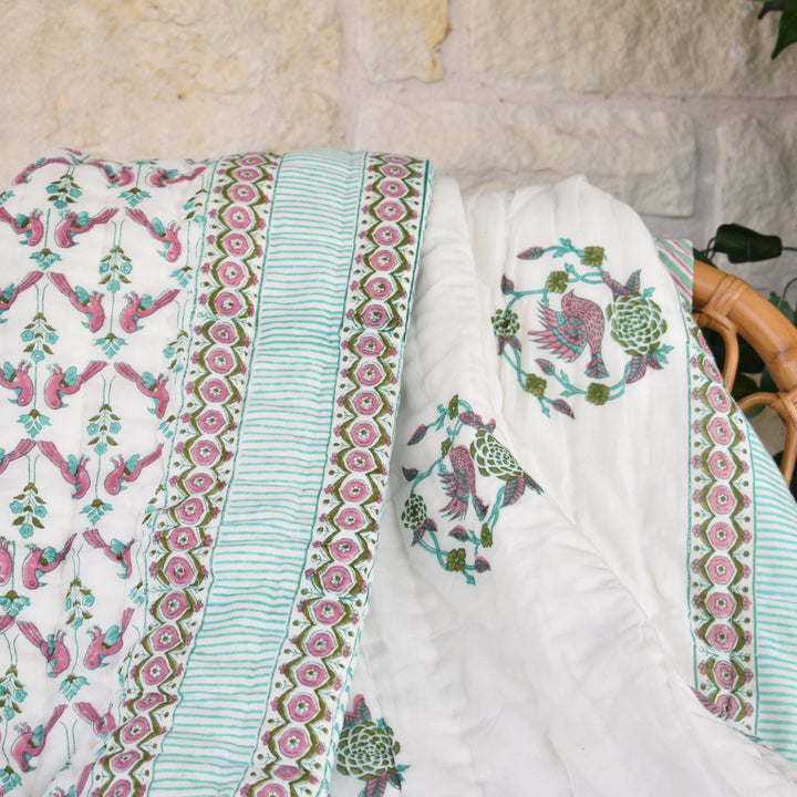 All-Season Cotton Reversible Quilt - Hand Block Print, White & Green