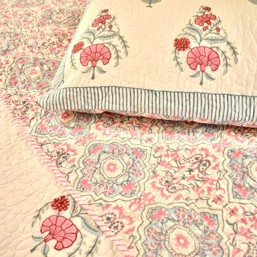 Hand block printed cotton bedspread, reversible design, white, all-season comfort