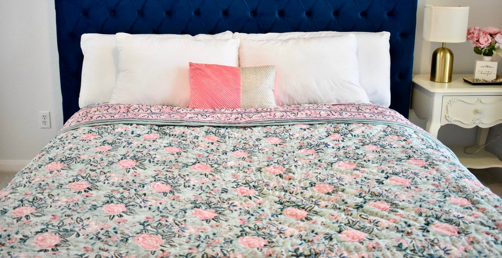 Luxurious bedding collection including hand block printed quilts and bedspreads