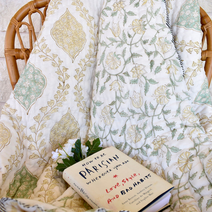 Hand block printed muslin cotton quilt, reversible design, yellow and white, all-season comfort