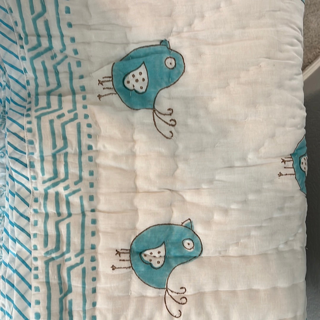 Hand block printed muslin cotton kids quilt, reversible design, blue and white, gentle comfort for ages 0-5