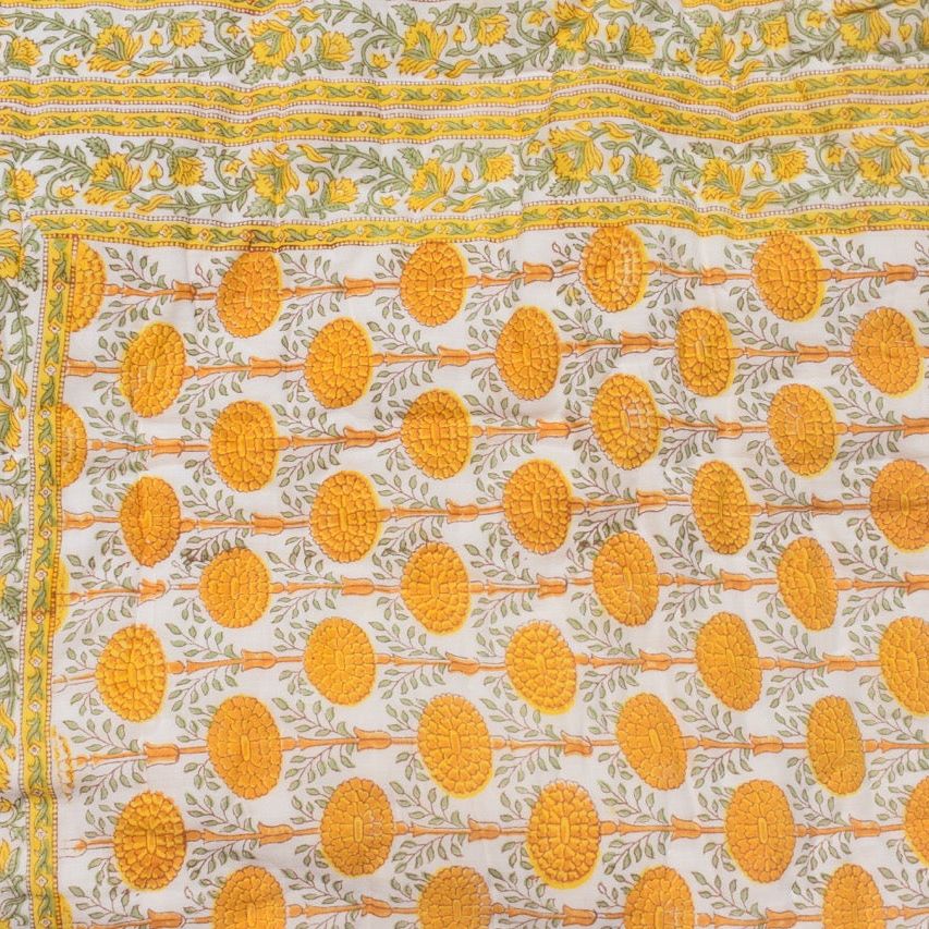 All-Season Cotton Reversible Quilt - Hand Block Print, White & Yellow