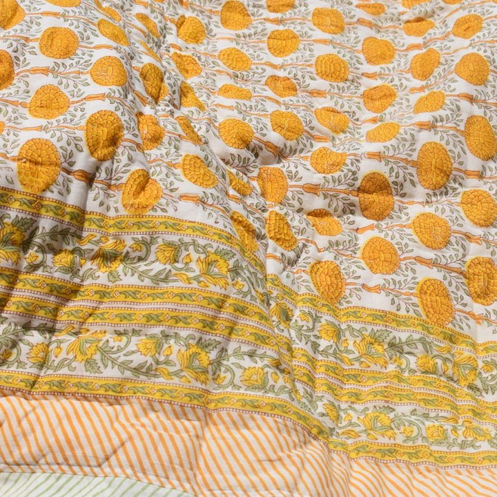 All-Season Cotton Reversible Quilt - Hand Block Print, White & Yellow