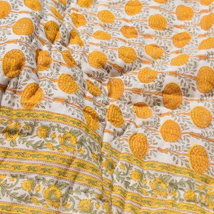 All-Season Cotton Reversible Quilt - Hand Block Print, White & Yellow