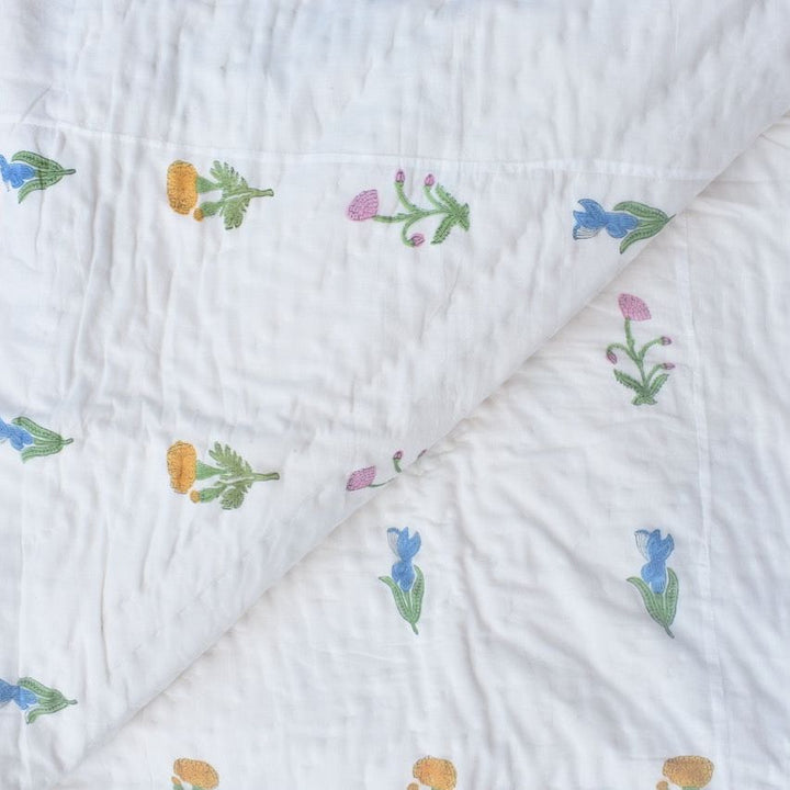 All-Season Cotton Reversible Quilt - Hand Block Print, White & Yellow