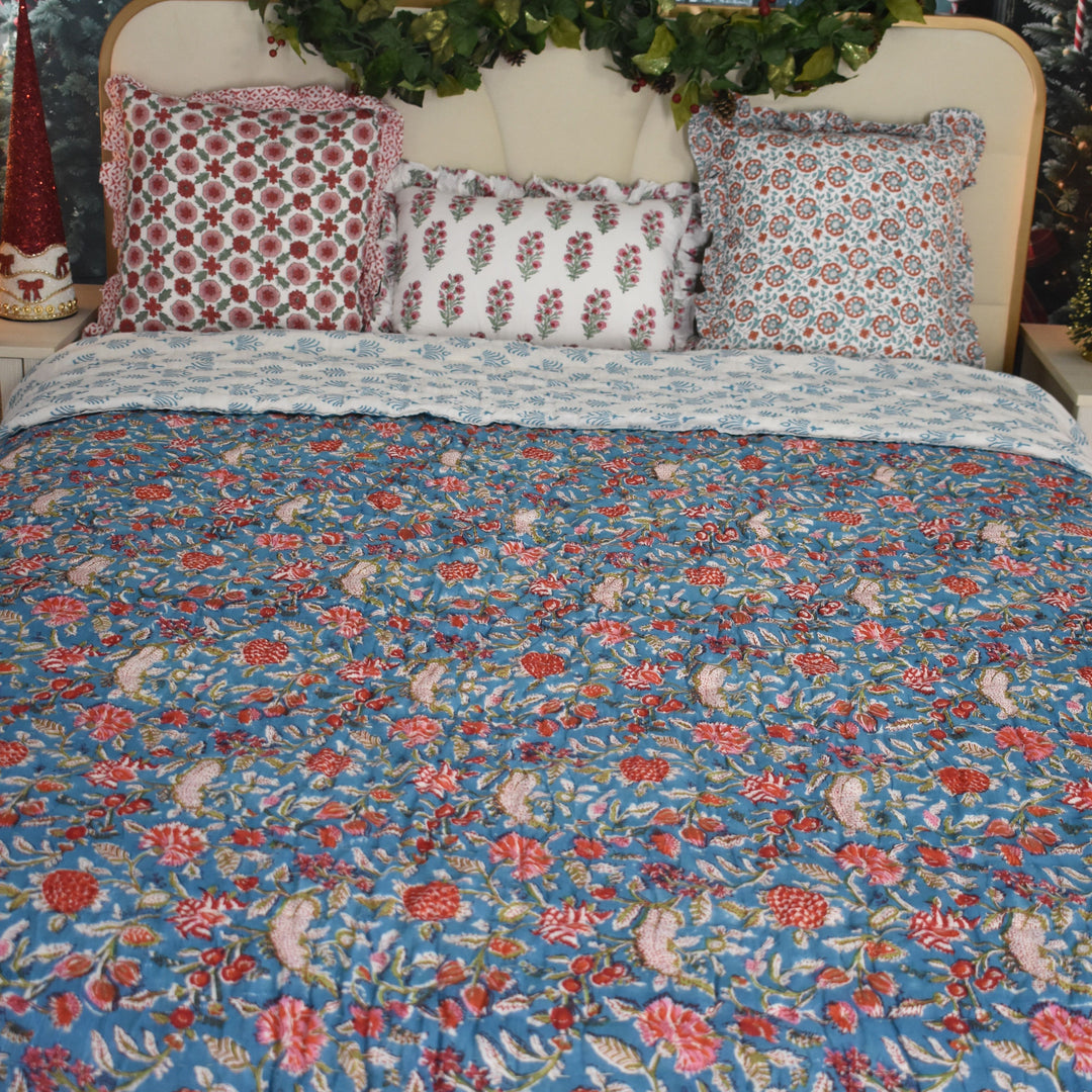 Handcrafted Cotton Reversible Quilt - Blue & Red