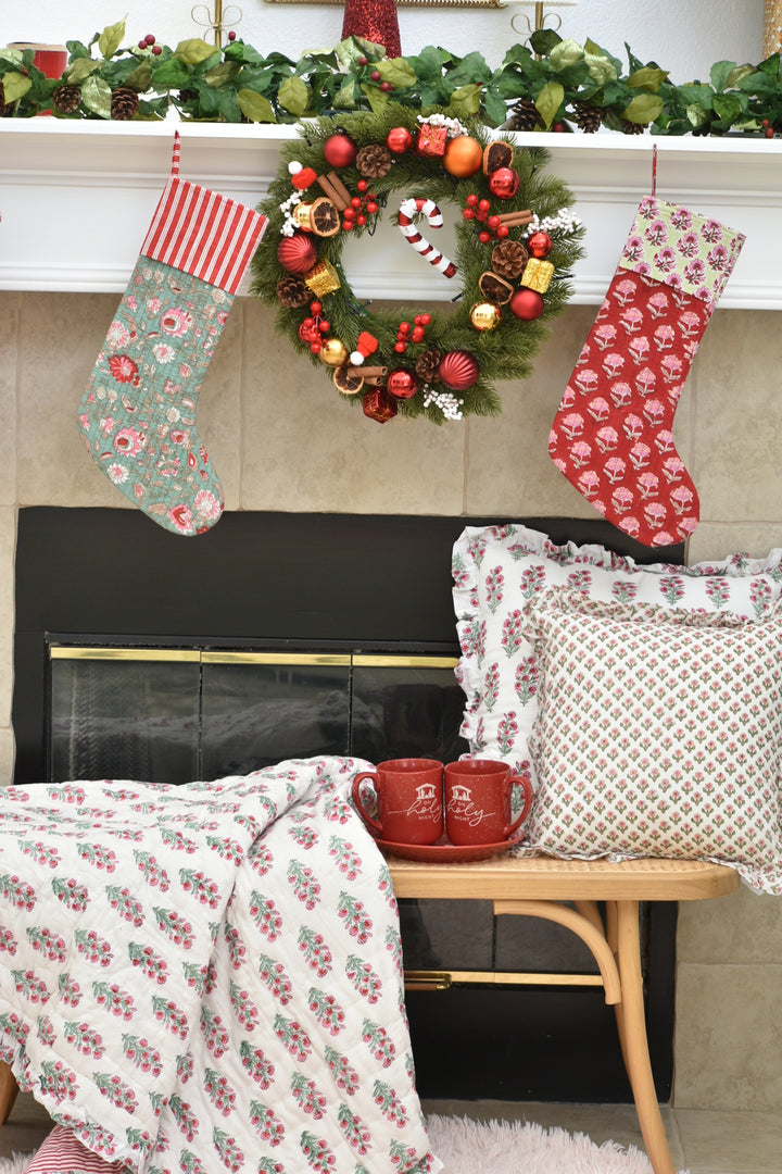 Cherry Stripe Ruffle Throw – Block Printed, Reversible Muslin