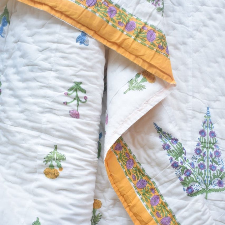 All-Season Cotton Reversible Quilt - Hand Block Print, White & Yellow